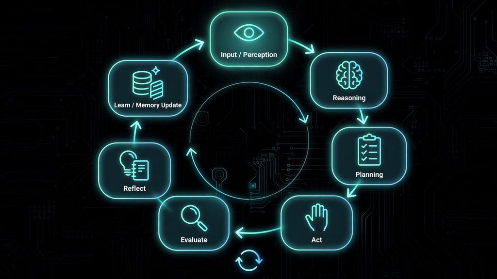 AI agent thought process flowchart showing perception reasoning planning act evaluate reflect learning loop on black background