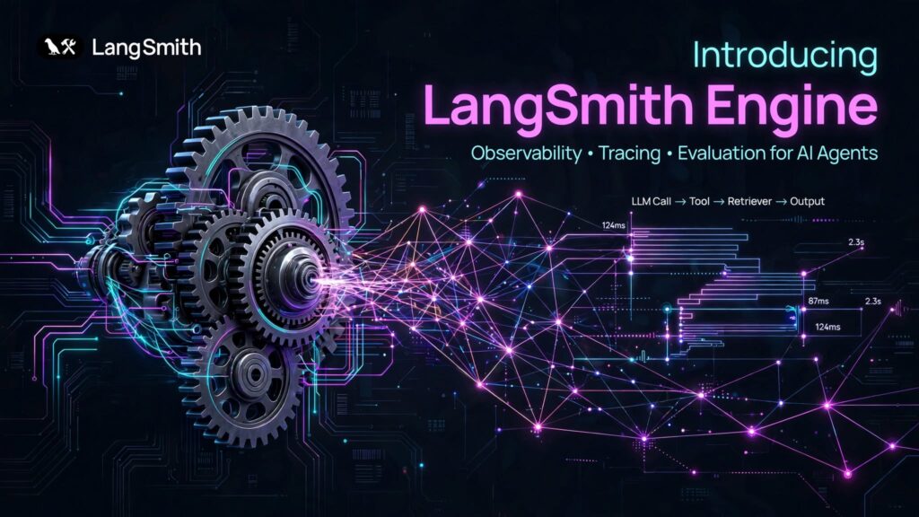 Futuristic cover illustration for Introducing LangSmith Engine blog post showing interlocking metallic gears emitting neon pink and cyan light trails that form an AI tracing and observability network on a dark tech background